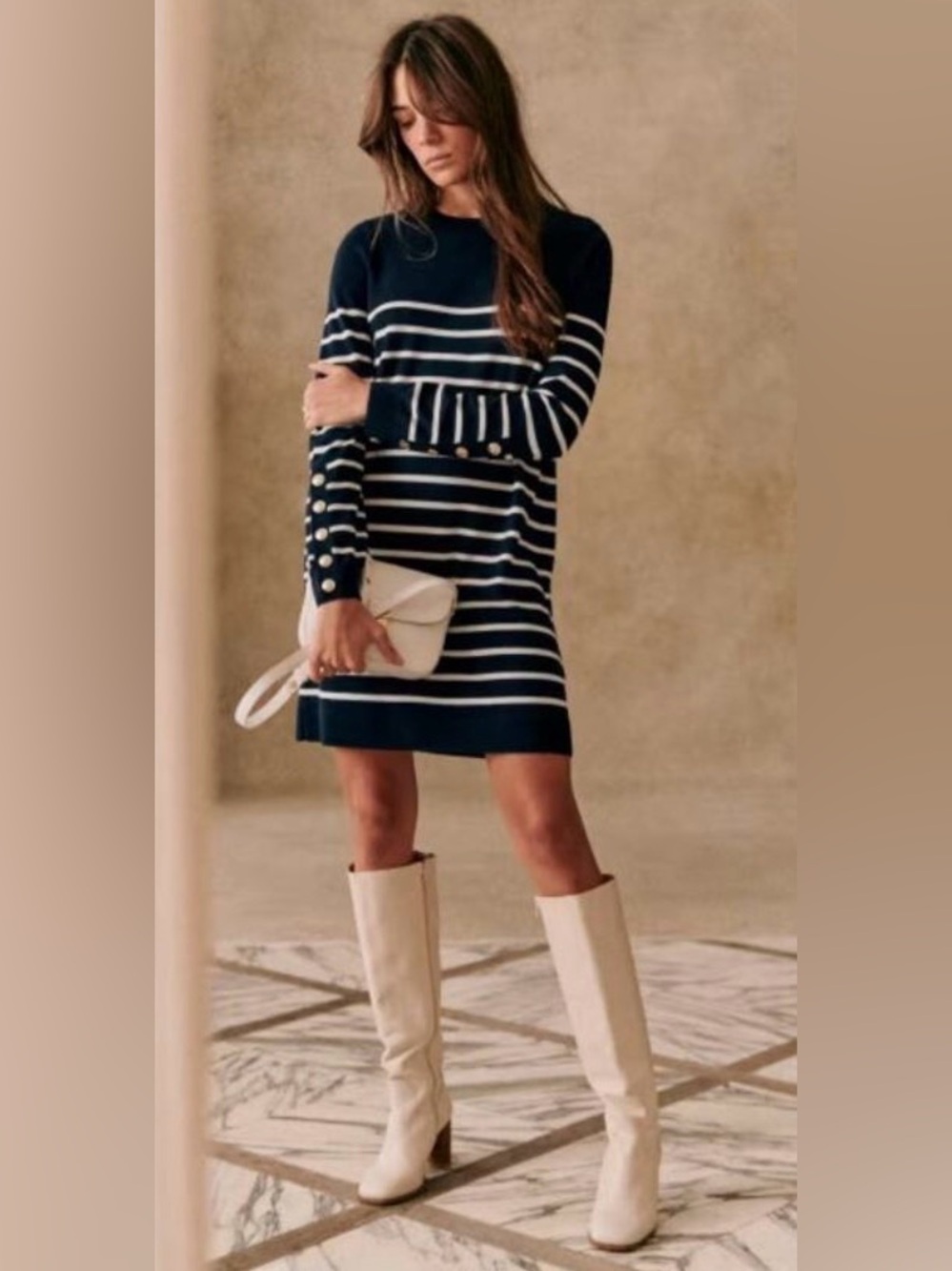 Sezane Paola Stripe Merino Wool Dress in Navy Blue and White Size S